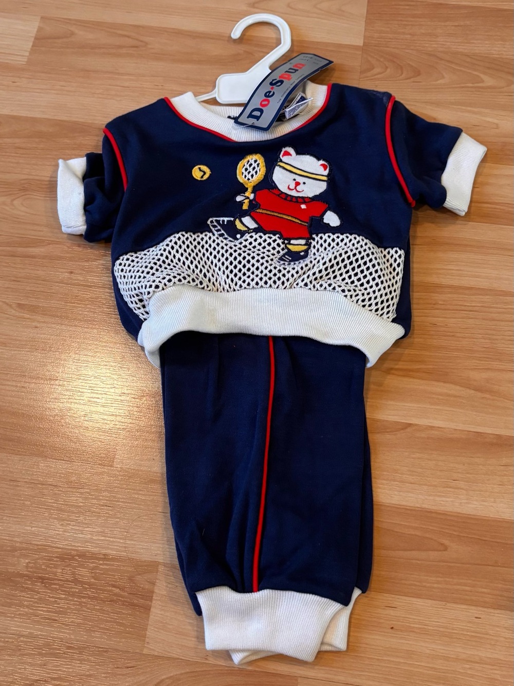 Doe- Spun Vintage Navy Tennis Bear Two-Piece Baby Outfit